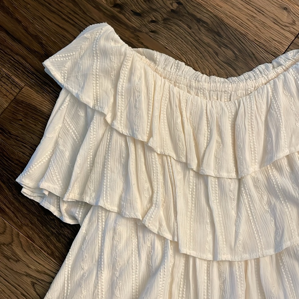 Express Cream Ruffle Off-Shoulder Romper - Picture 11 of 17